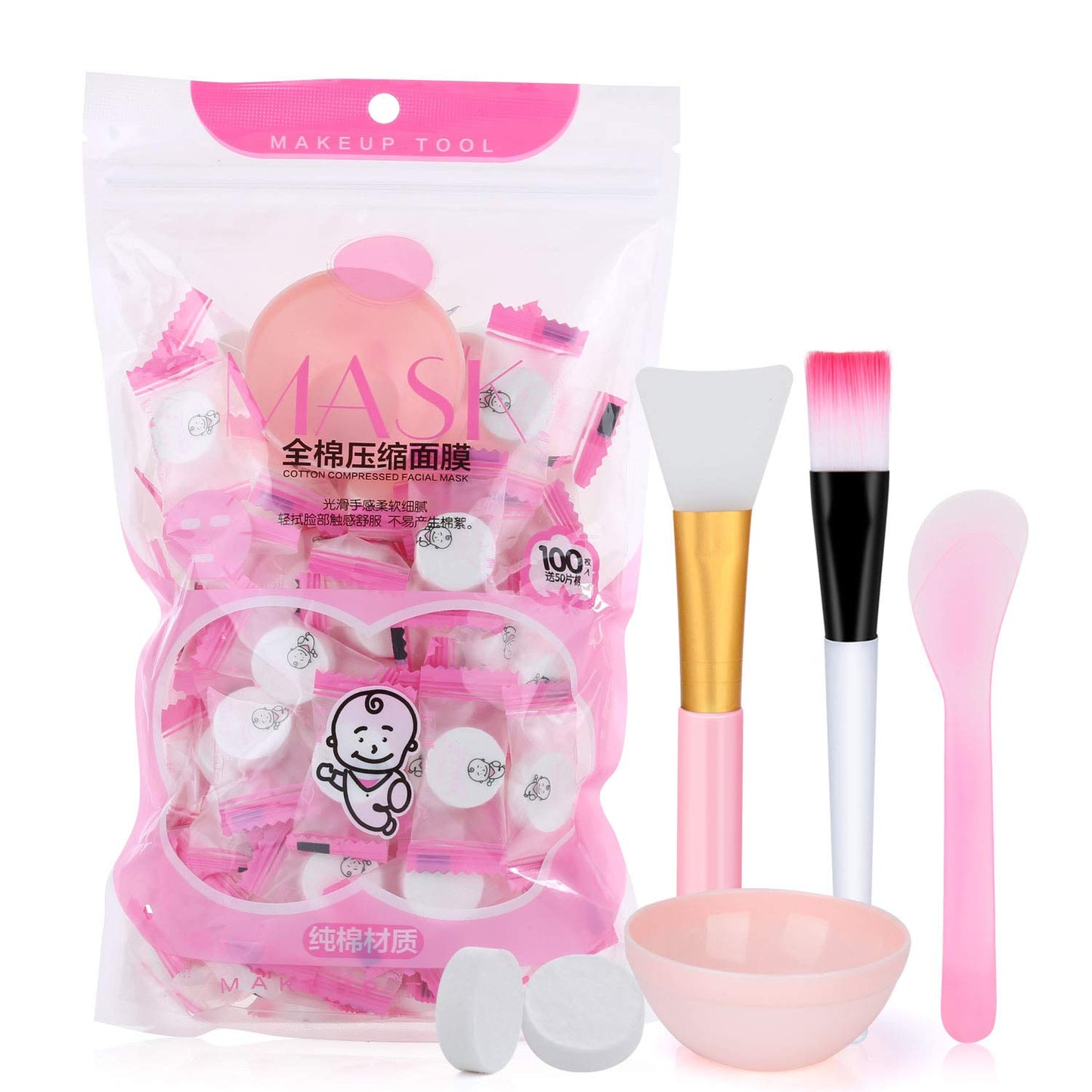100Pcs DIY Compressed Cotton Face Mask Sheet Grain, Dry Paper Face Cotton Mask Sheet with Free of Mask Bowl, Mask Stick, Silicone Brush, Soft Bristle Brush