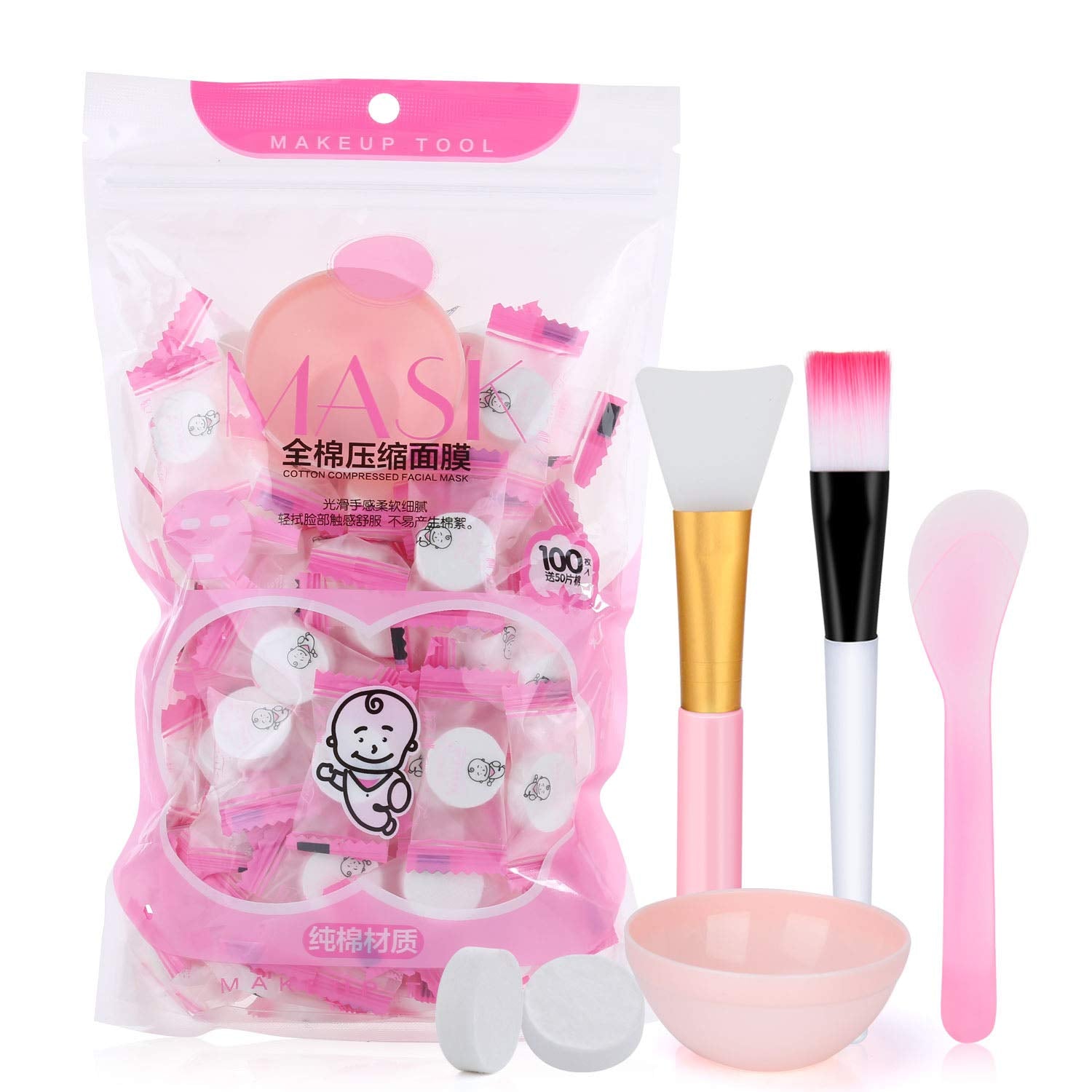 100Pcs DIY Compressed Cotton Face Mask Sheet Grain, Dry Paper Face Cotton Mask Sheet with Free of Mask Bowl, Mask Stick, Silicone Brush, Soft Bristle Brush
