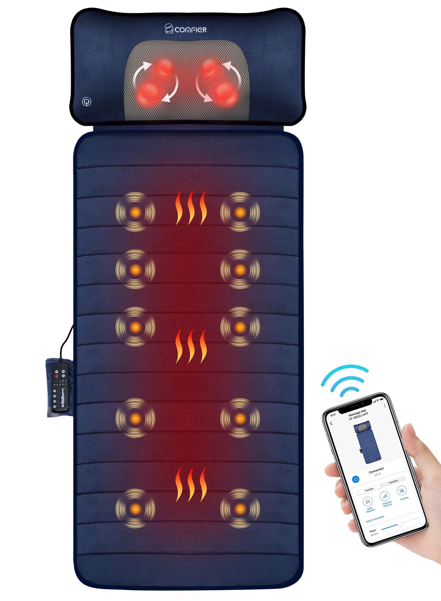 Vibrating Full Body Back Massager with Detachable Shiatsu Neck Massage Pillow, Massager Mat with APP