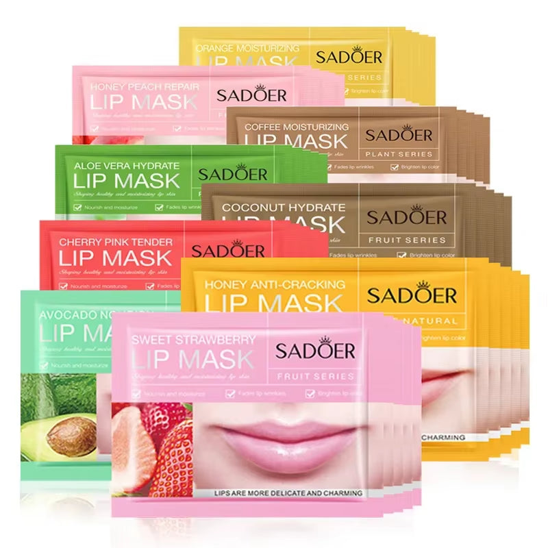 10Pcs SADOER Fruits Moisturizing Lip Mask Lips Skin Care Nourishing Hydrating Crystal Collagen Gel Lip Patches Lips Plumper