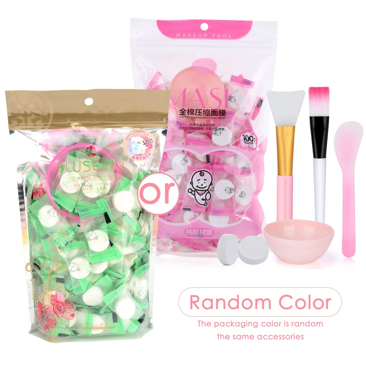 100Pcs DIY Compressed Cotton Face Mask Sheet Grain, Dry Paper Face Cotton Mask Sheet with Free of Mask Bowl, Mask Stick, Silicone Brush, Soft Bristle Brush