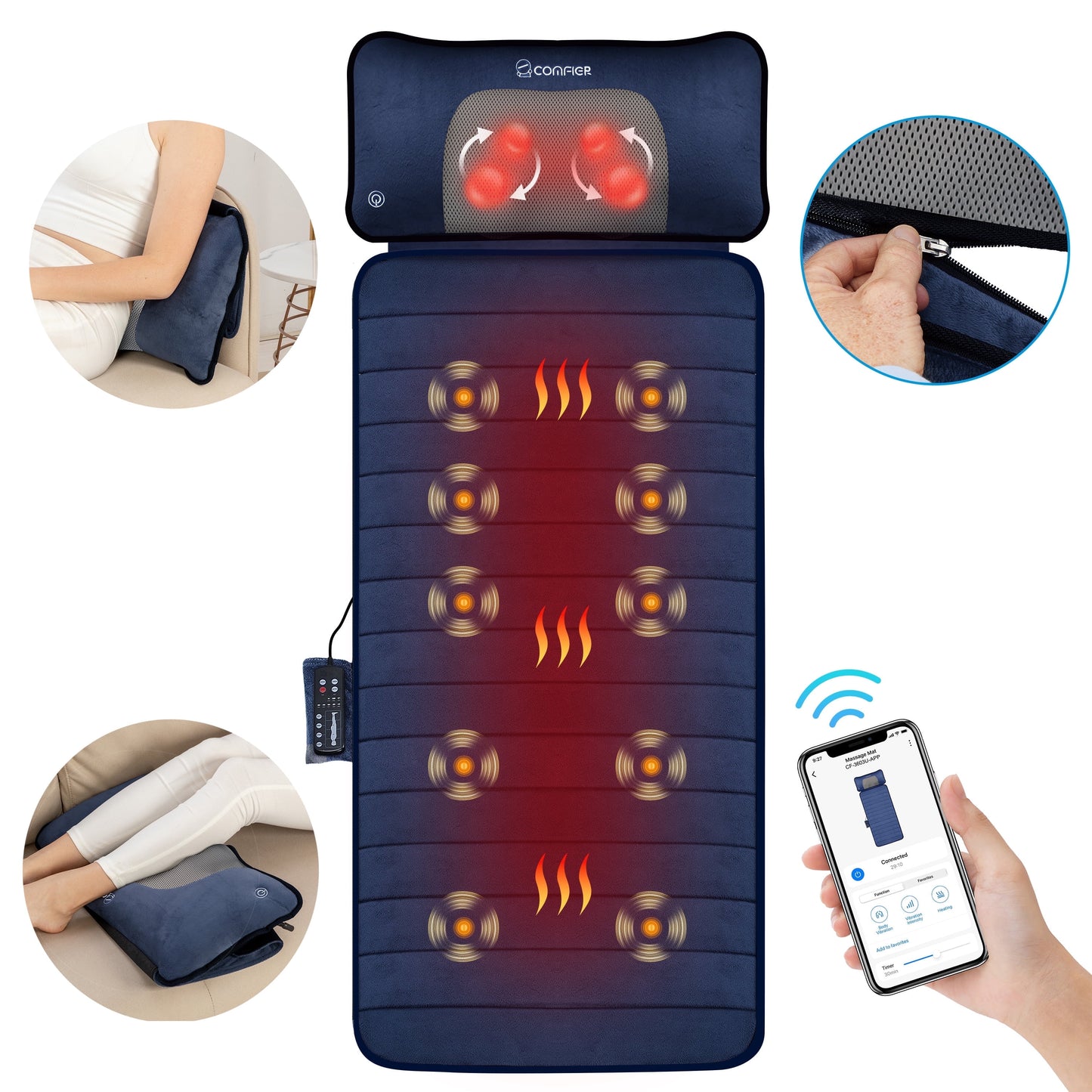Vibrating Full Body Back Massager with Detachable Shiatsu Neck Massage Pillow, Massager Mat with APP