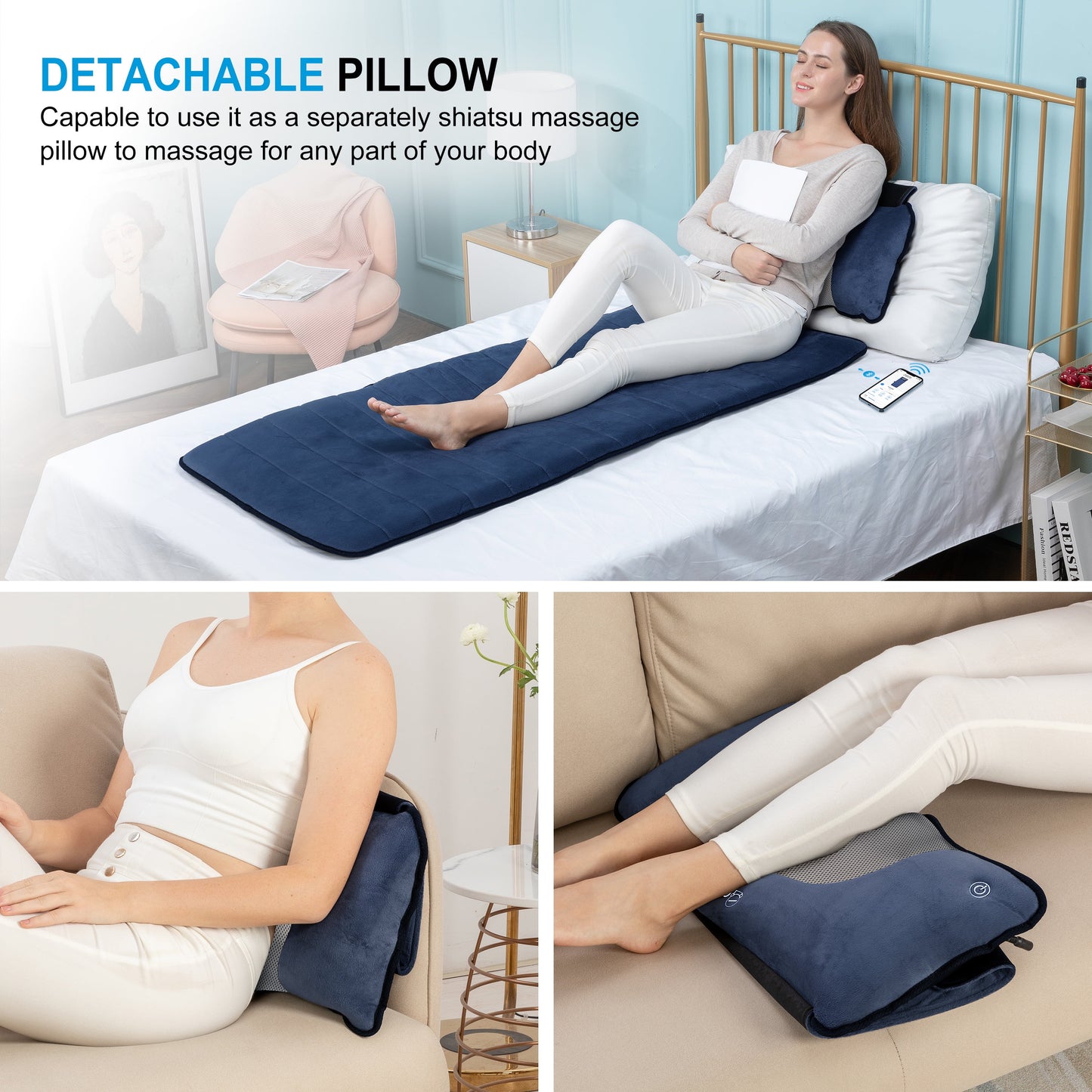 Vibrating Full Body Back Massager with Detachable Shiatsu Neck Massage Pillow, Massager Mat with APP